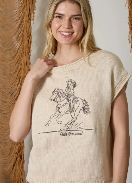 Nicole Western Embroidery Short Sleeve Knit Sweater