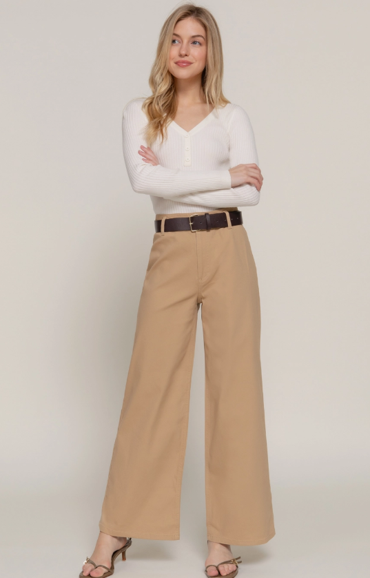 Rebecca Belted Relaxed Leg Twill Stretch Pants - Khaki