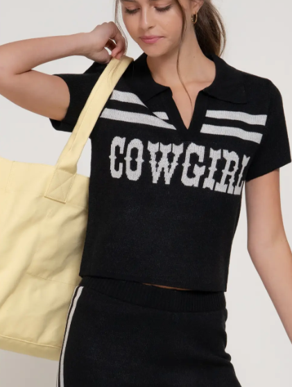 Shania Jacquard Front Short Sleeve Polo Knit Top- Black