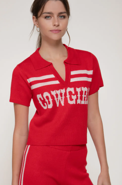 Shania Jacquard Front Short Sleeve Polo Knit Top- Red