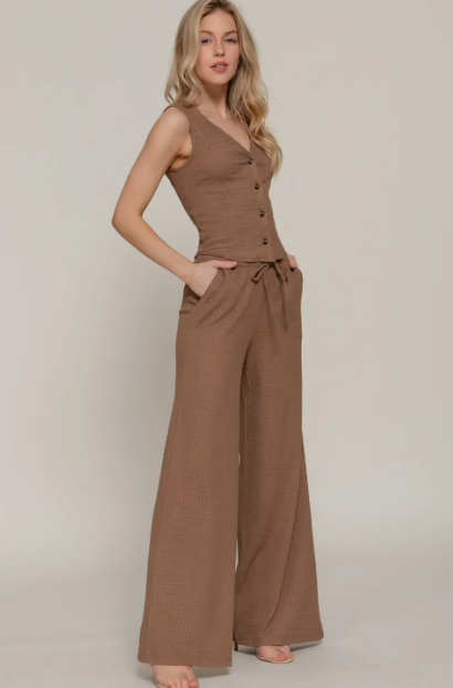 Stacy Textured Wide Leg Pant - Brown