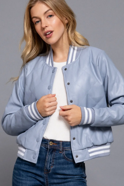 Megan Quilted Vegan Leather Bomber Jacket - Blue