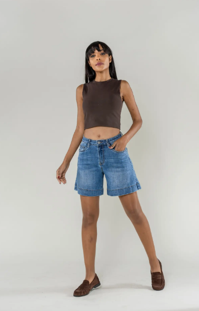 Morgan High-Waisted Stretch Denim Mid-Thigh Long Shorts