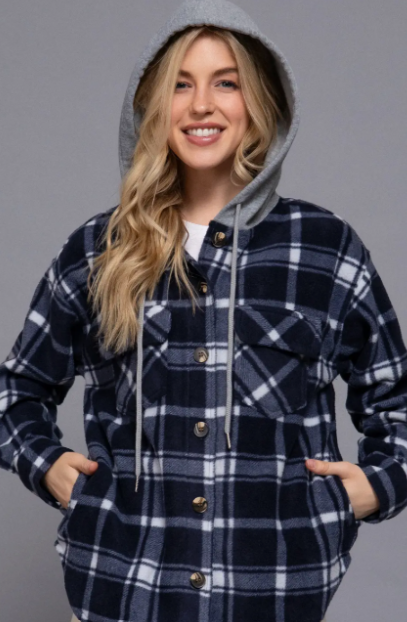Nicole Plaid Hoodie Fleece Shacket