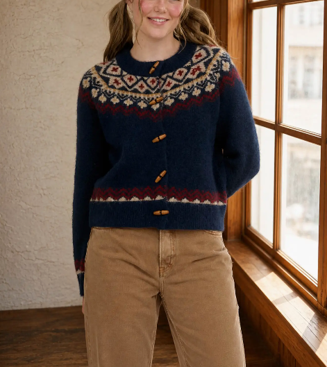 Faire Isle Toggle Button Knit Cardigan Sweater