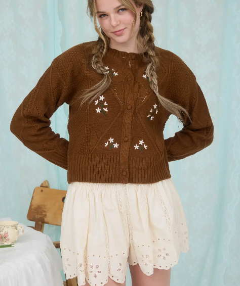 Floral Embroidery Eyelet Knit Detail Cardigan