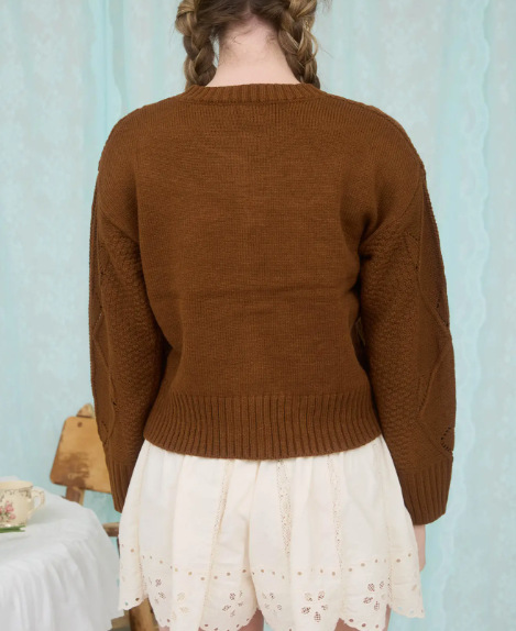 Floral Embroidery Eyelet Knit Detail Cardigan