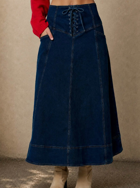 Lace-Up Corset Waist Denim Midi Skirt