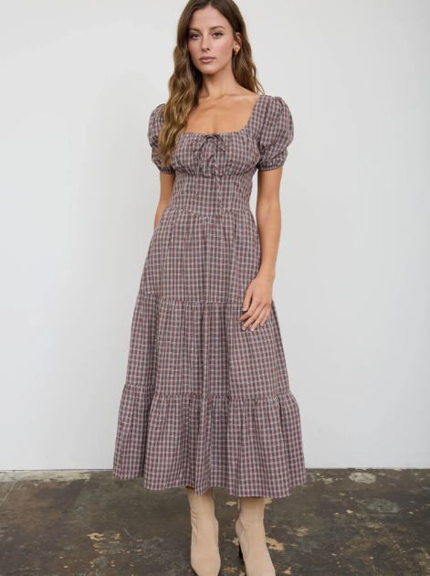 Plaid Puff Sleeve Corset Detail Tiered Midi Dress