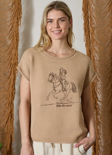 Western Embroidery Short Sleeve Knit Sweater