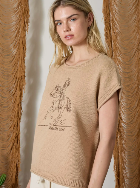 Western Embroidery Short Sleeve Knit Sweater