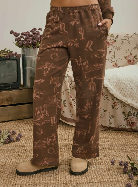 Western Print Elastic Waist Joggers - Brown