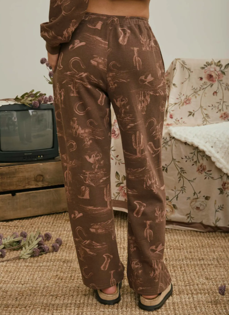 Western Print Elastic Waist Joggers - Brown