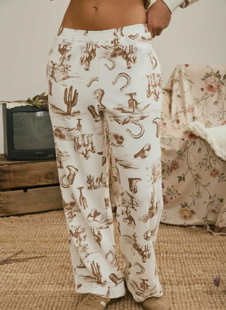 Western Print Elastic Waist Joggers - Cream