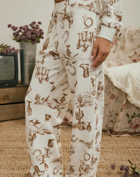 Western Print Elastic Waist Joggers - Cream