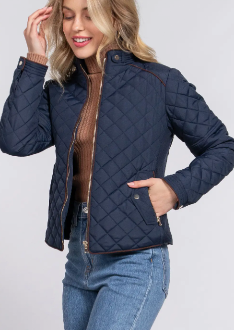 Monica Suede Piping Detail Rib Quilted Padding Jacket- N