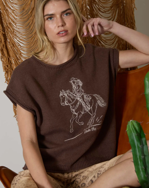 Western Embroidery Short Sleeve Knit Sweater