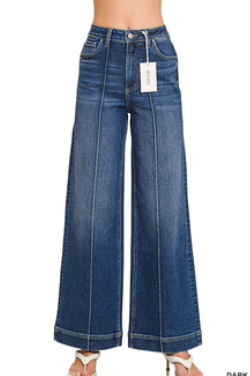 High Rise Wide Leg Pintuck Denim