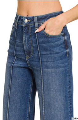High Rise Wide Leg Pintuck Denim