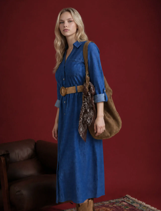 Tab Sleeve Button Down Belted Denim Dress