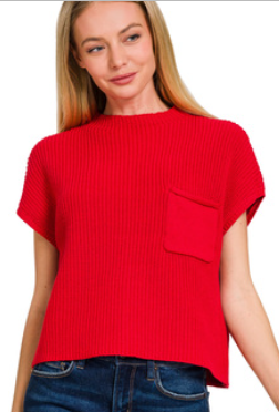 Short Sleeve Knit Sweater - Red