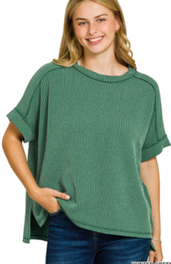 Raised Rib Cuff Sleeve Raw Edge Top