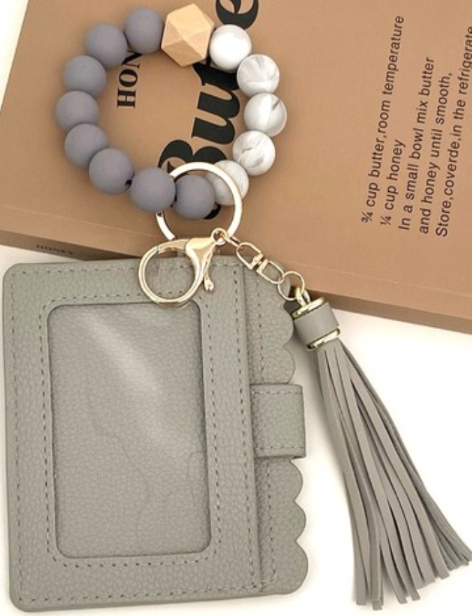 Beaded Bracelet Keychain Card Holder Wallet - Grey