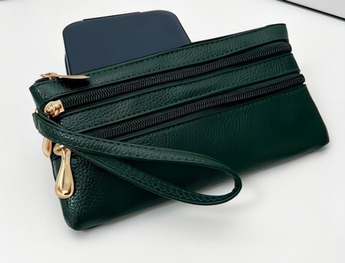 Vegan Leather Triple Zip Wrist Wallet Clutch Purse - Green