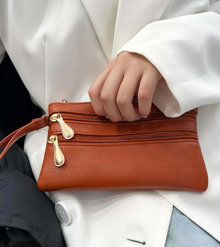 Vegan Leather Triple Zip Wrist Wallet Clutch Purse - Camel