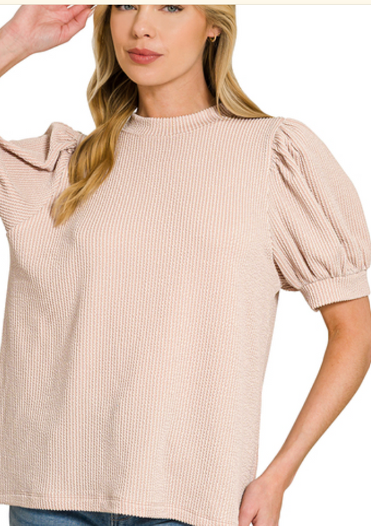 Raised Rib Puff Sleeve Top - Mocha