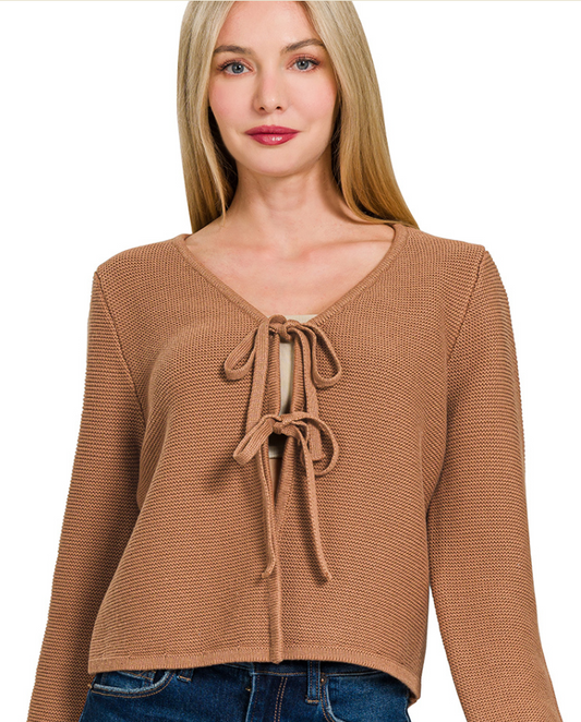 Tie Front Sweater Cardigan - Deep Camel