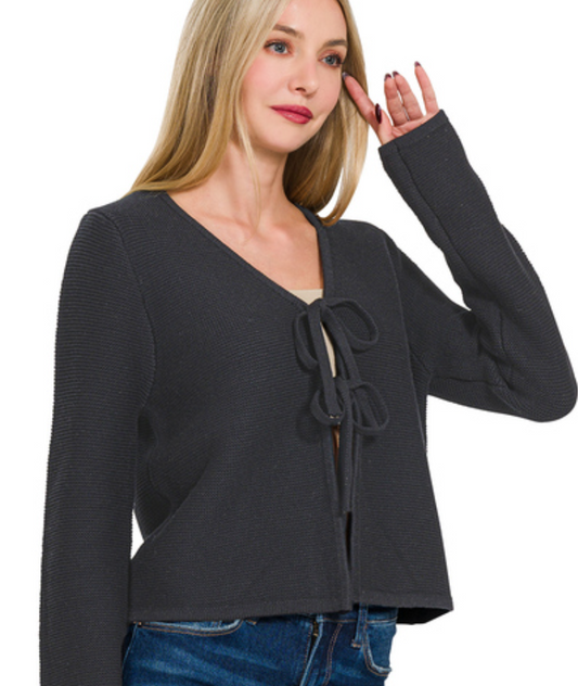 Tie Front Sweater Cardigan - Black