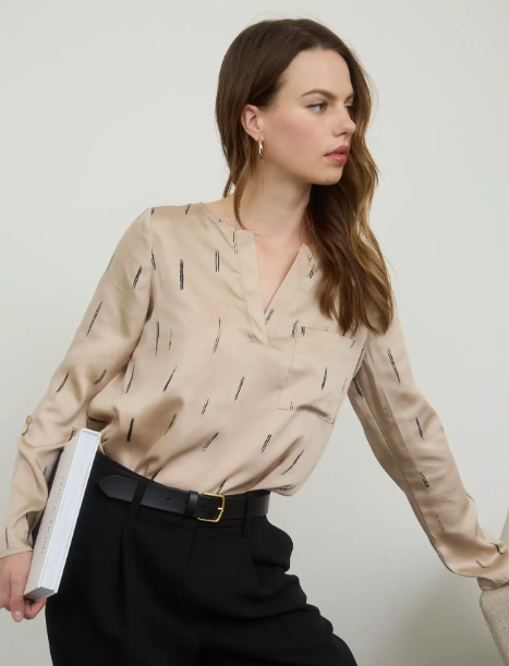Brush Stroke Print 3/4 Tab Sleeve Satin Top