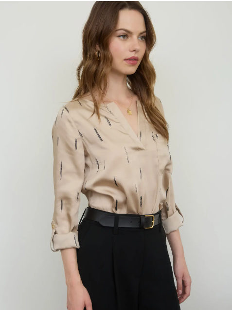 Brush Stroke Print 3/4 Tab Sleeve Satin Top