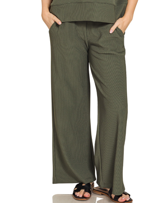 Ribbed Wide Leg Pant - Olive