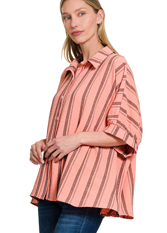 Kendra Woven Oversized Button Down - Pink
