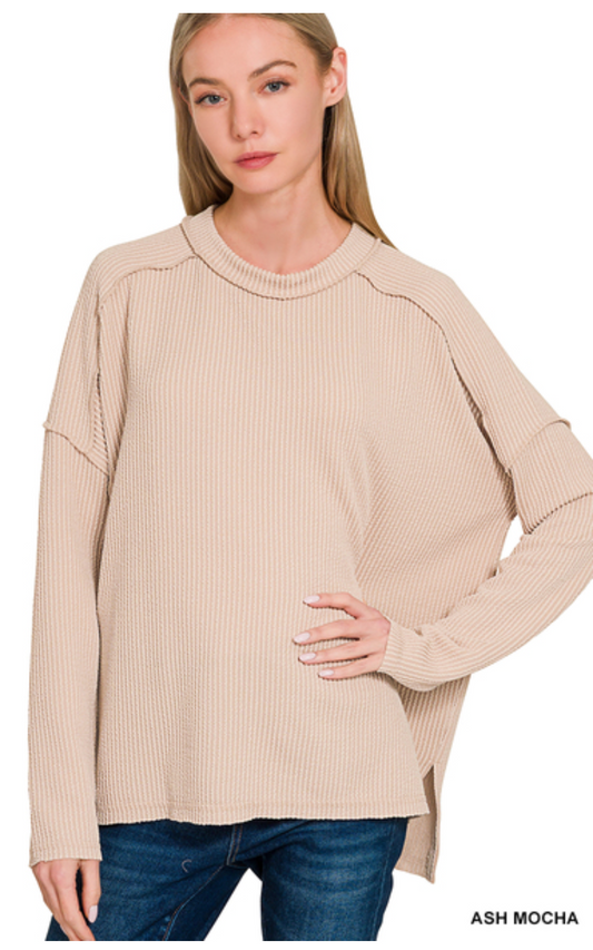 Shantel Ribbed Raw Edge Long Sleeve - LT Mocha