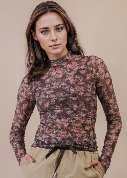 Angela Floral Lace Top- Chocolate