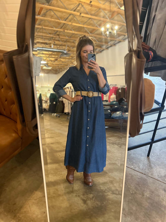 Tab Sleeve Button Down Belted Denim Dress