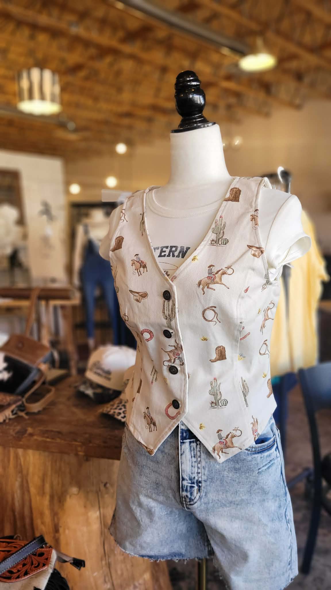Alison Western Print Button Down Denim Vest