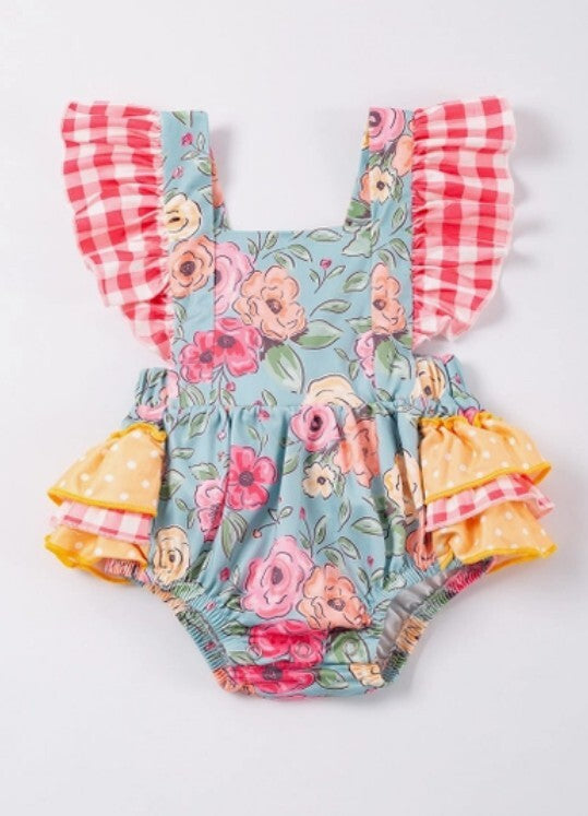 Kids Plaid Ruffle Romper- Blue