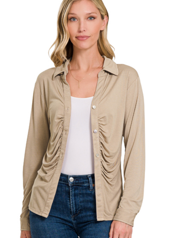 Quincy Ruched Button Top- Mocha