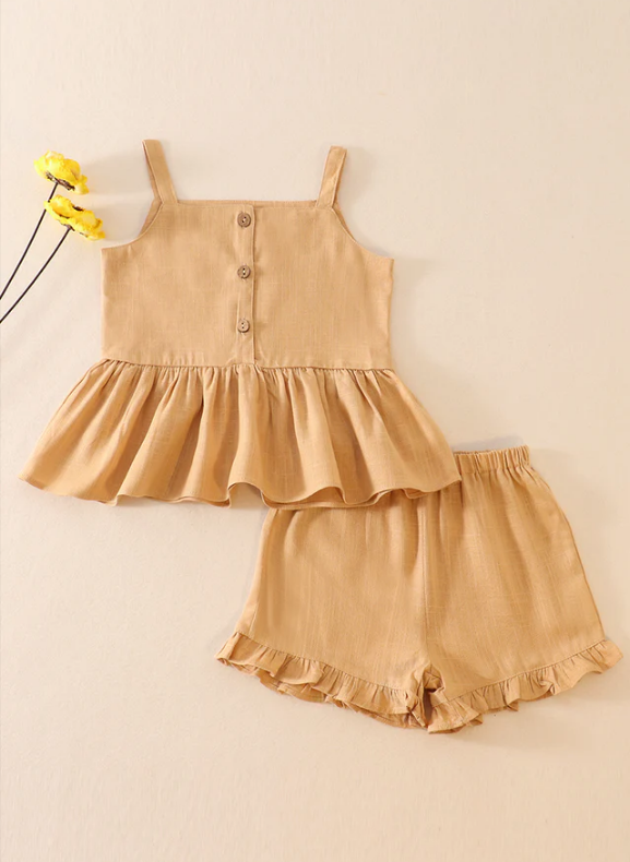 Kids- Beige Linen Ruffle 2pc Set