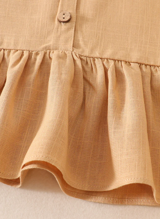 Kids- Beige Linen Ruffle 2pc Set
