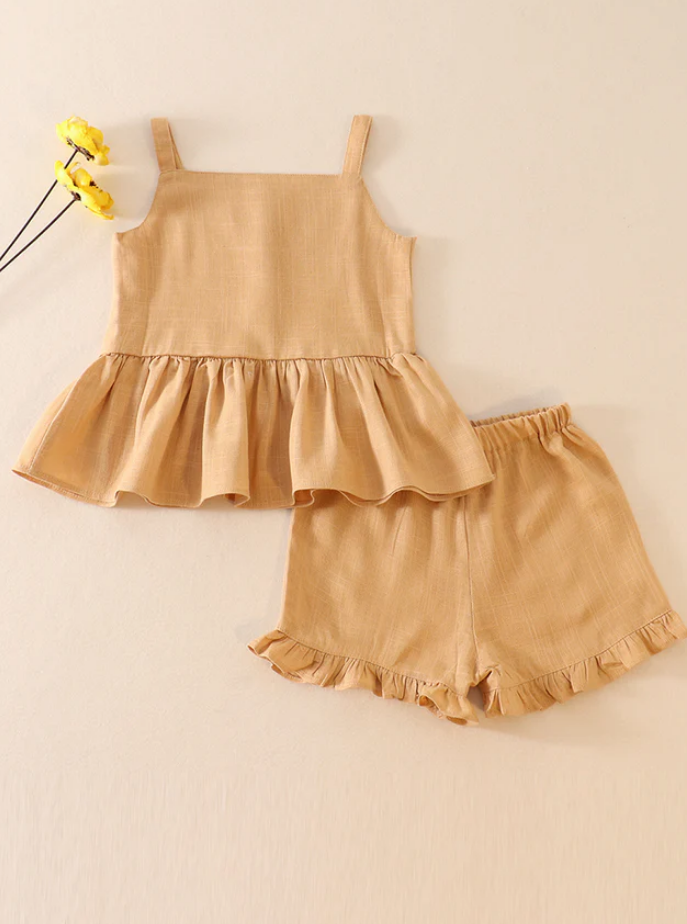Kids- Beige Linen Ruffle 2pc Set