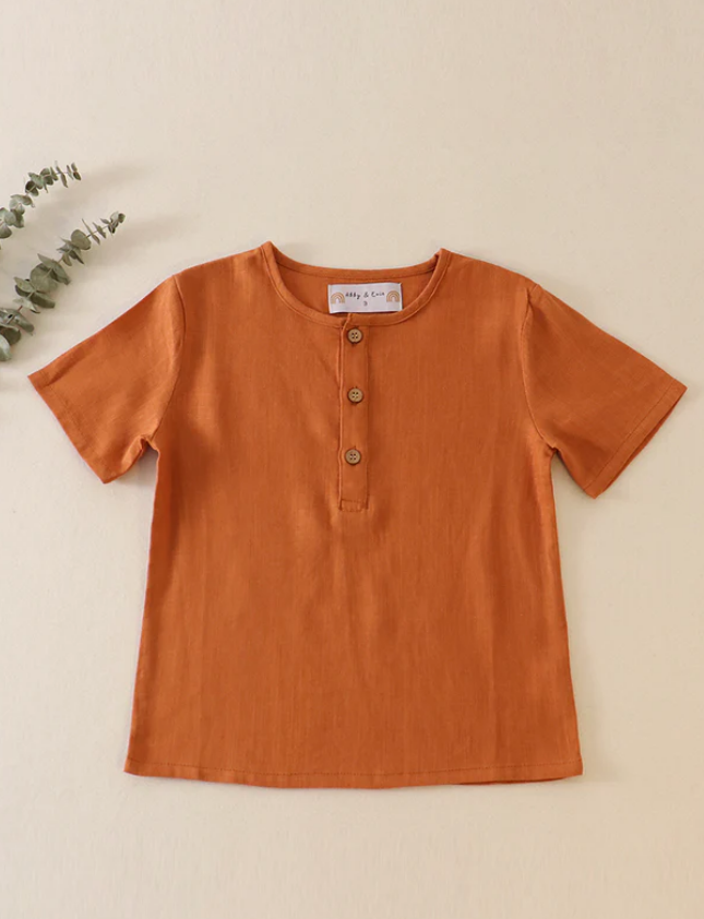 Kids- Brown Button Linen Top