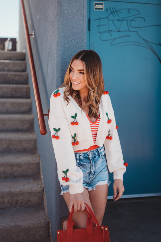 Irene Crochet Cherry Detail Knit Cardi