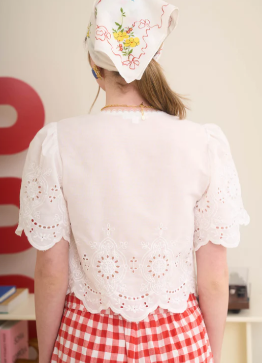 Grace Embroidered Eyelet Scallop Tie Crop