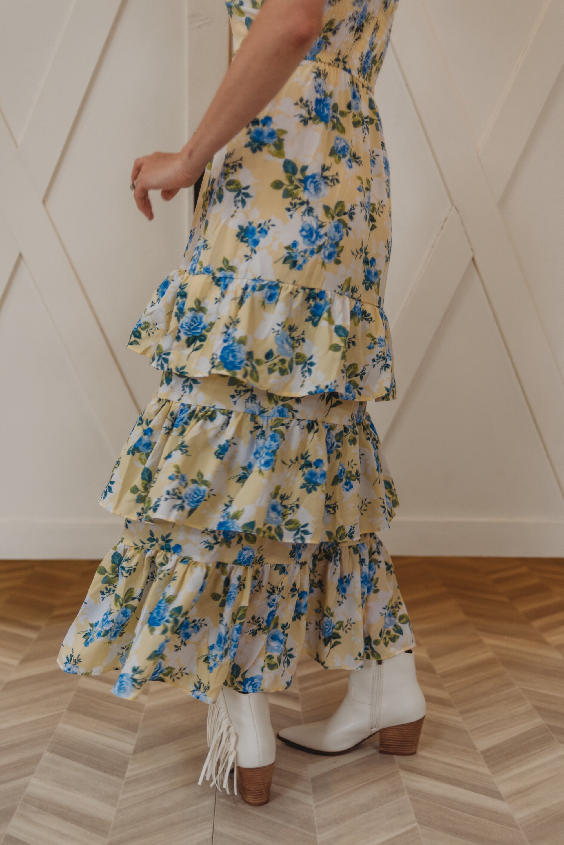 Gwyn Floral Ruffle Tiered Hem Midi Dress