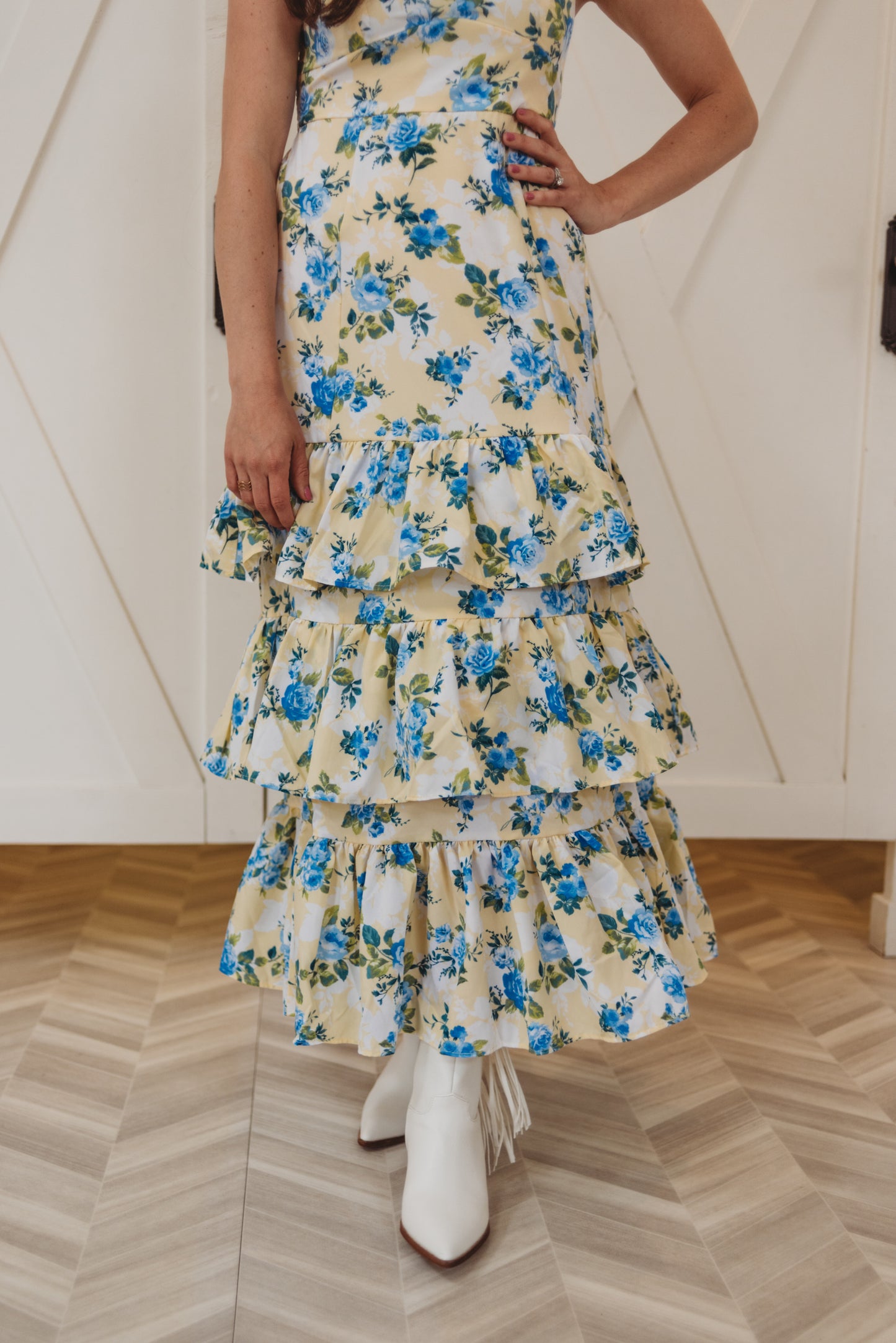 Gwyn Floral Ruffle Tiered Hem Midi Dress